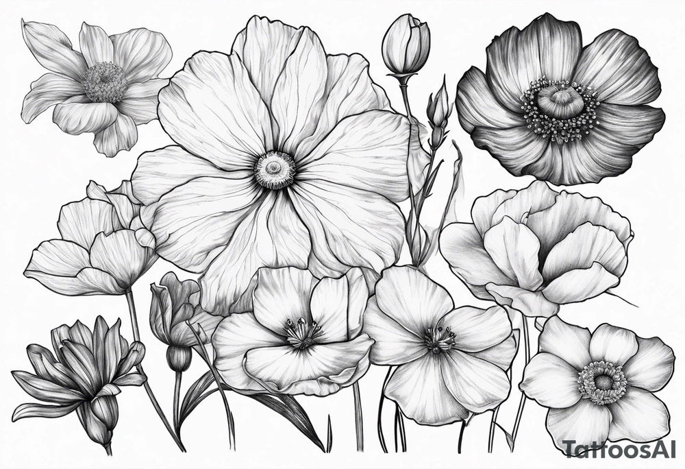1 cosmos flower, 1 iris, 1 larkspur, 1 daisy, 1 poppy tattoo idea