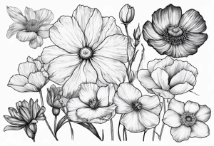 1 cosmos flower, 1 iris, 1 larkspur, 1 daisy, 1 poppy tattoo idea