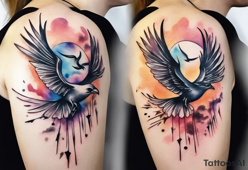 a shoulder round shape tattoo with lots of rays of light in gradient starting from the middle, birds flying free between clouds tattoo idea