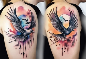 a shoulder round shape tattoo with lots of rays of light in gradient starting from the middle, birds flying free between clouds tattoo idea