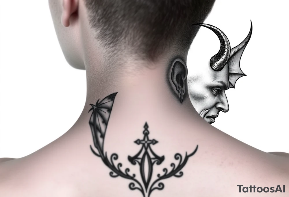 position behind the neck Angel (on the right) whispering in the right ear, demon (on the left) whispering in the left ear. It must be as realistic as possible. tattoo idea