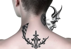 position behind the neck Angel (on the right) whispering in the right ear, demon (on the left) whispering in the left ear. It must be as realistic as possible. tattoo idea