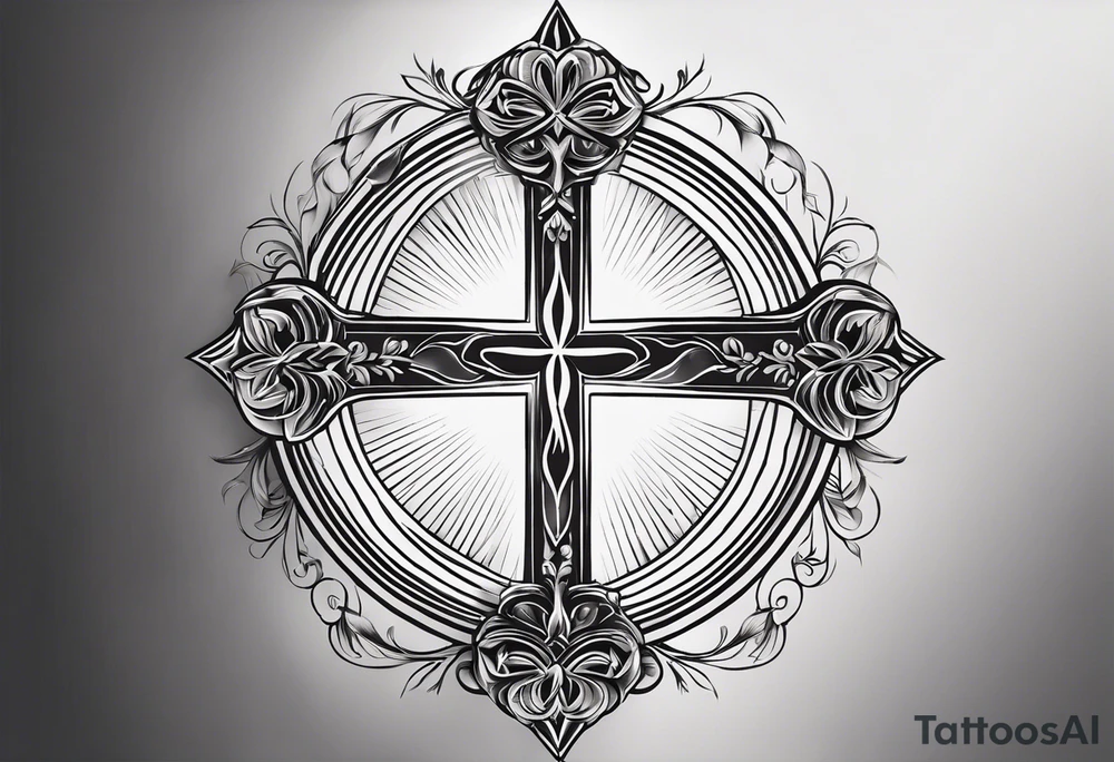 Tattoo: A refined cross with a soft halo on top of it, symbolizing light and spirituality. Delicate rays extend outward from the halo, adding a subtle glow and depth. The cross itself is simple and elegant, with potential for small, intricate line details within the design. tattoo idea