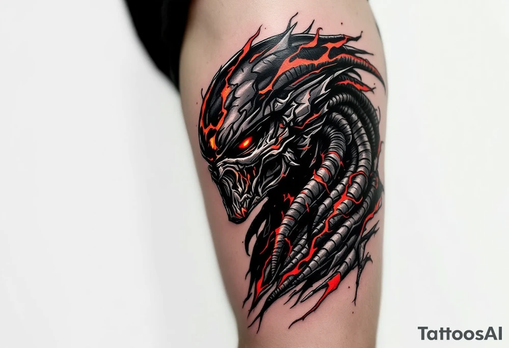 Lava Hunter Predator – A rare Yautja evolved for extreme volcanic worlds, with blackened, obsidian-like skin, magma-colored tribal scars, and a heat-resistant bio-mask with a reinforced breathing system. tattoo idea
