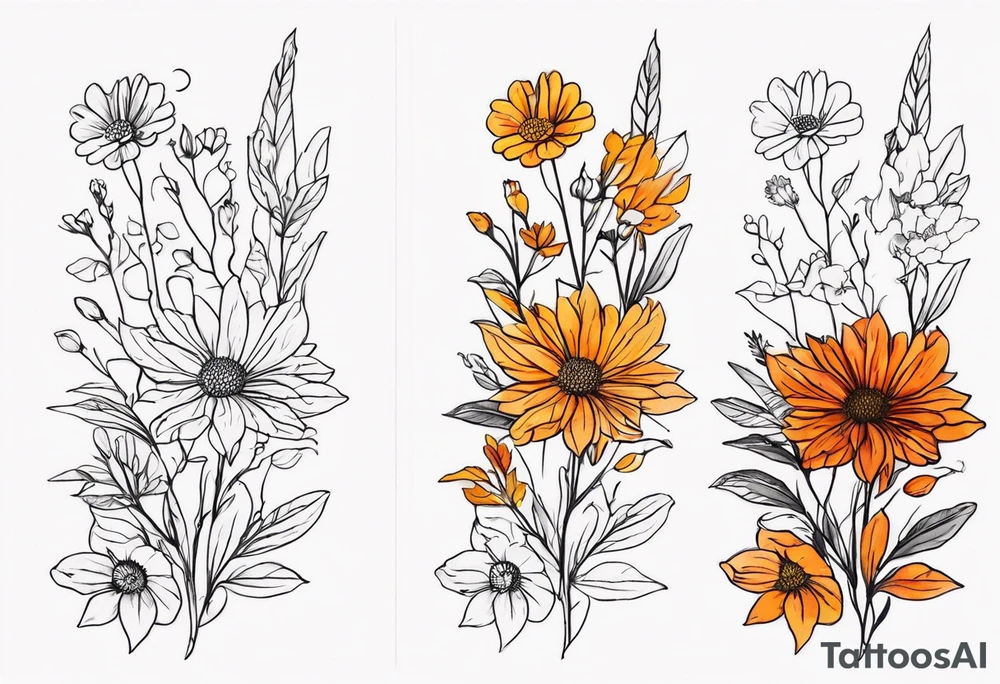Upper arm half sleeve with fall color wild flowers tattoo idea