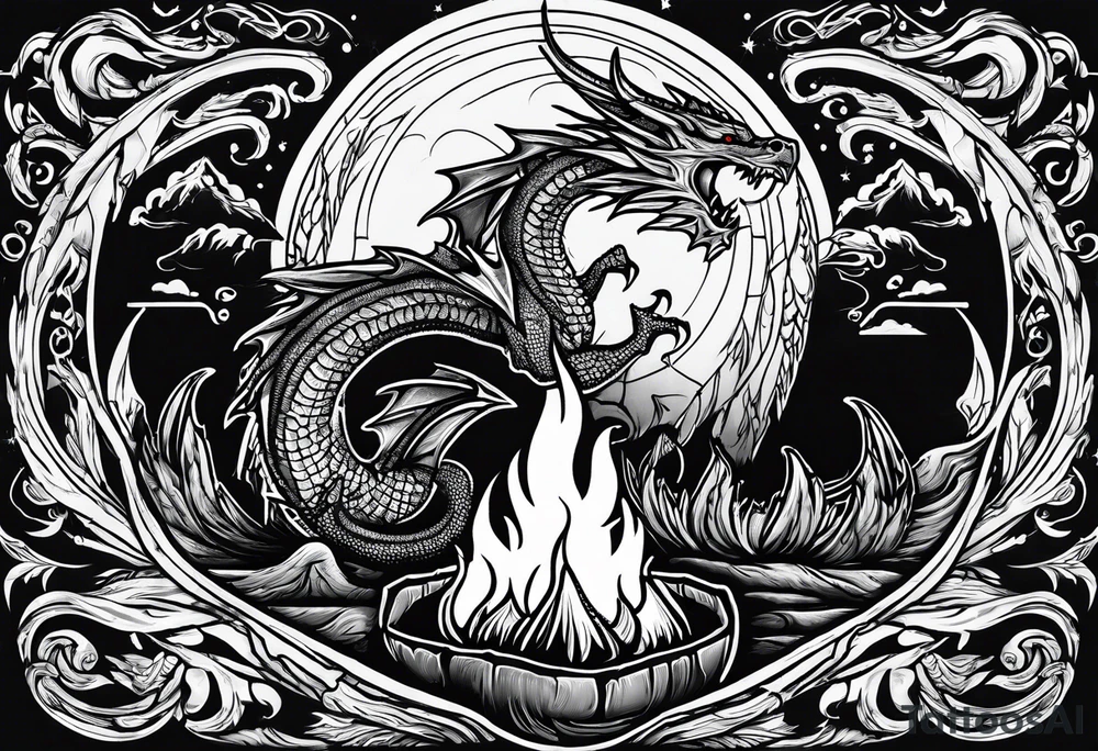 Campfire with a flame. The flame transforming into a dragon. Also the fire writes 'may death find you alive'. tattoo idea