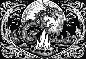 Campfire with a flame. The flame transforming into a dragon. Also the fire writes 'may death find you alive'. tattoo idea