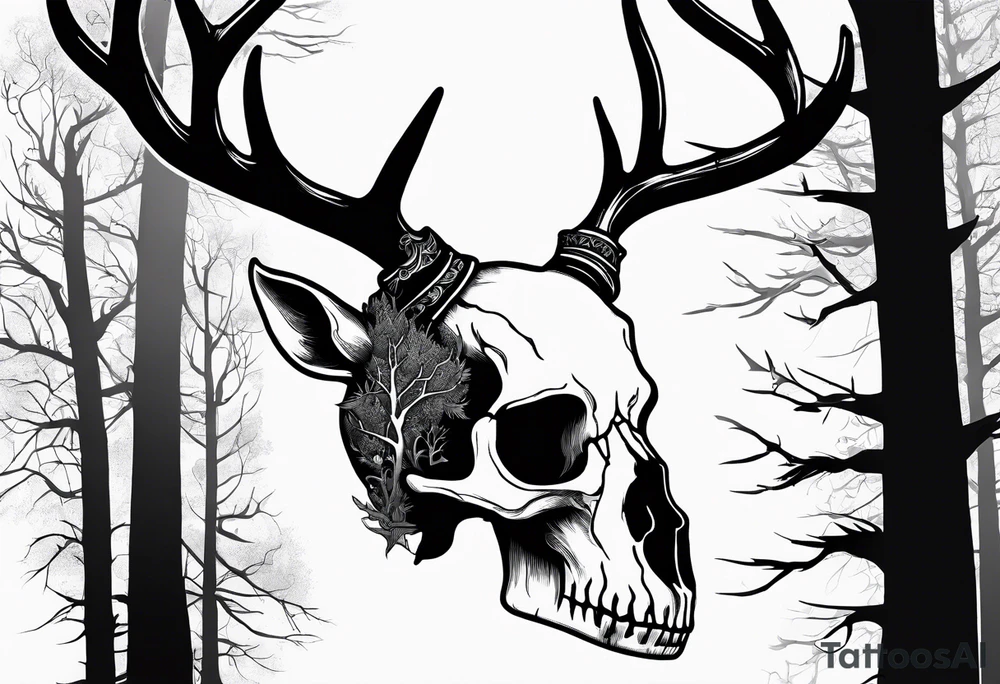 A side view of a decayed deer skull JUST BONE surrounded by trees and fire in background tattoo idea