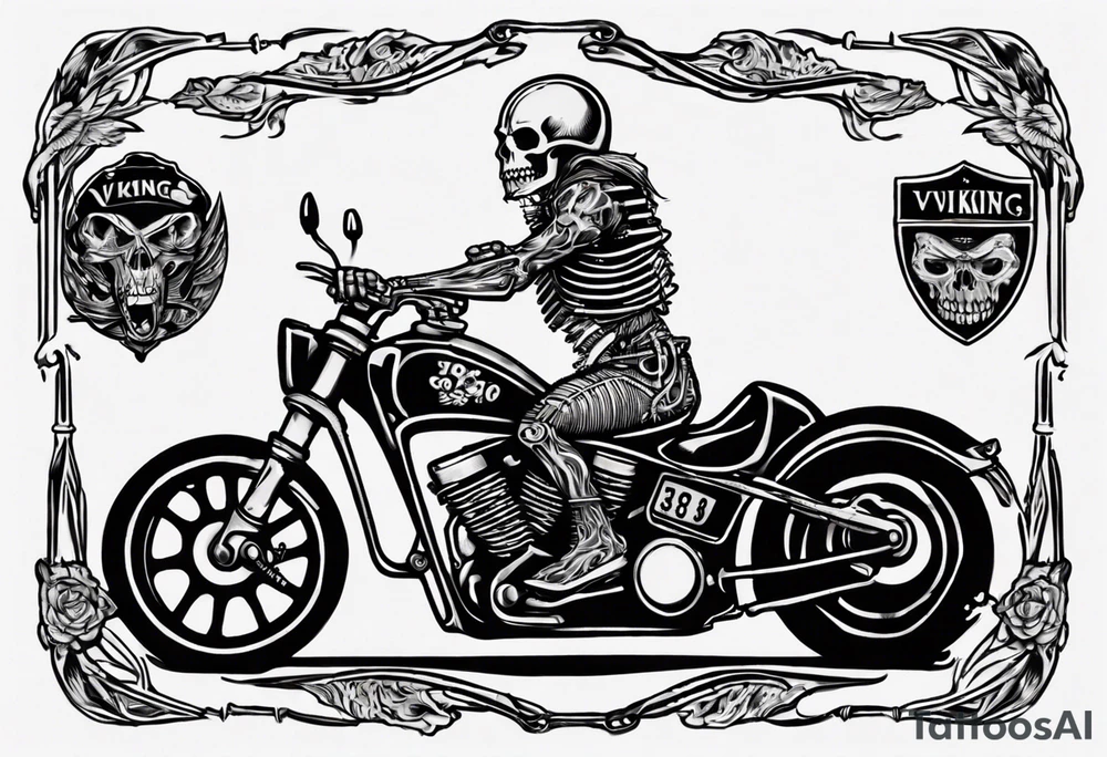 i want a tattoo of a motorcycle from the front view being ridden  by a skeleton and the number plate to say “Viking Customs” tattoo idea