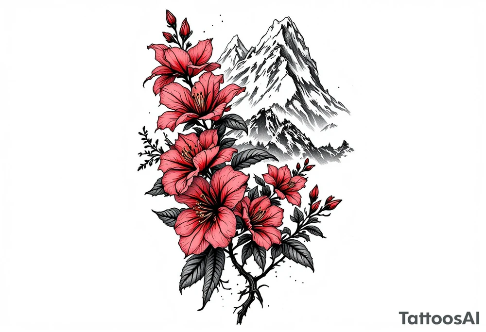 vertical wrist size red  and black rhododendron trippy with Himalayas behind tattoo idea