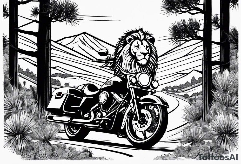 Sleeve tattoo
With 
Arizona flag 
Lion
Street glide Harley motorcycle  handlebars looking at a winding rode with pine trees on one side
And cactus on the other 
Winding rode with cactus on one side and pine trees on the other 
Mountain 
Vanitas tattoo idea