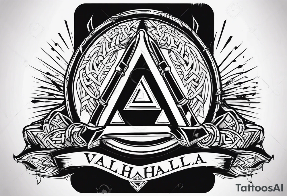 Valhalla sword shield axe Valknut fog tattoo idea