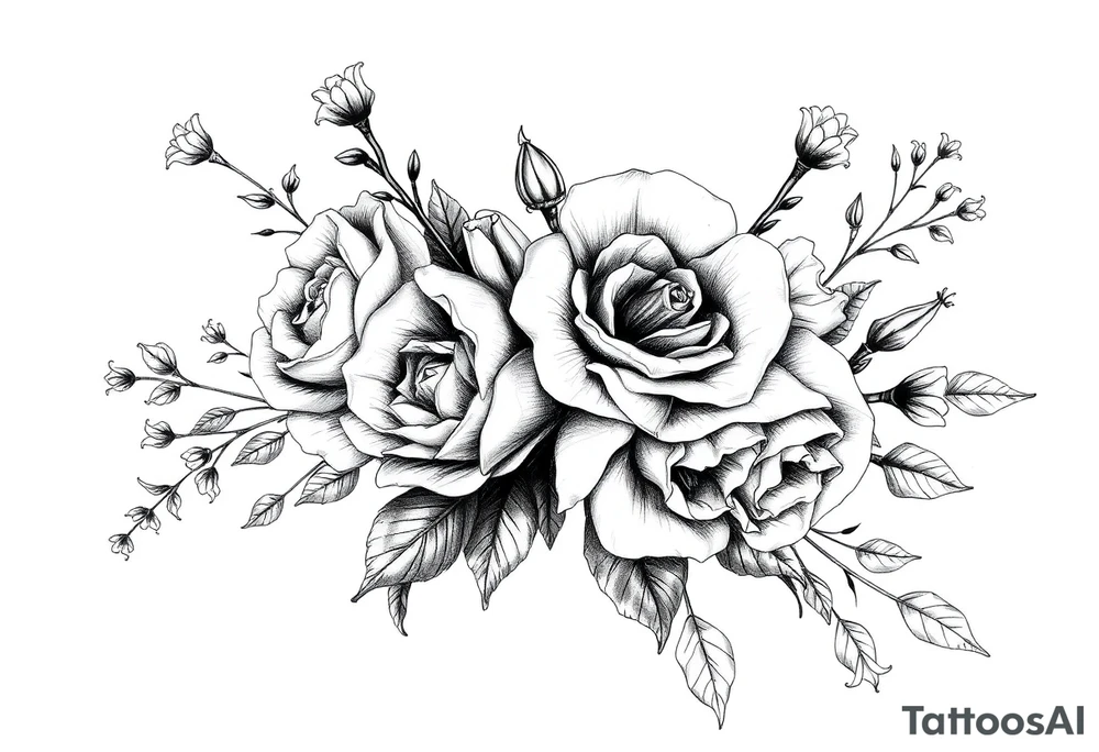 vintage bouquet of wild roses and meadow flowers with morning dew tattoo idea