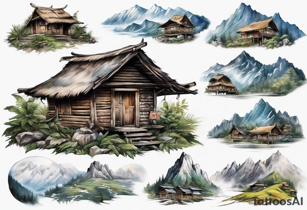 a hut in the mountains tattoo idea