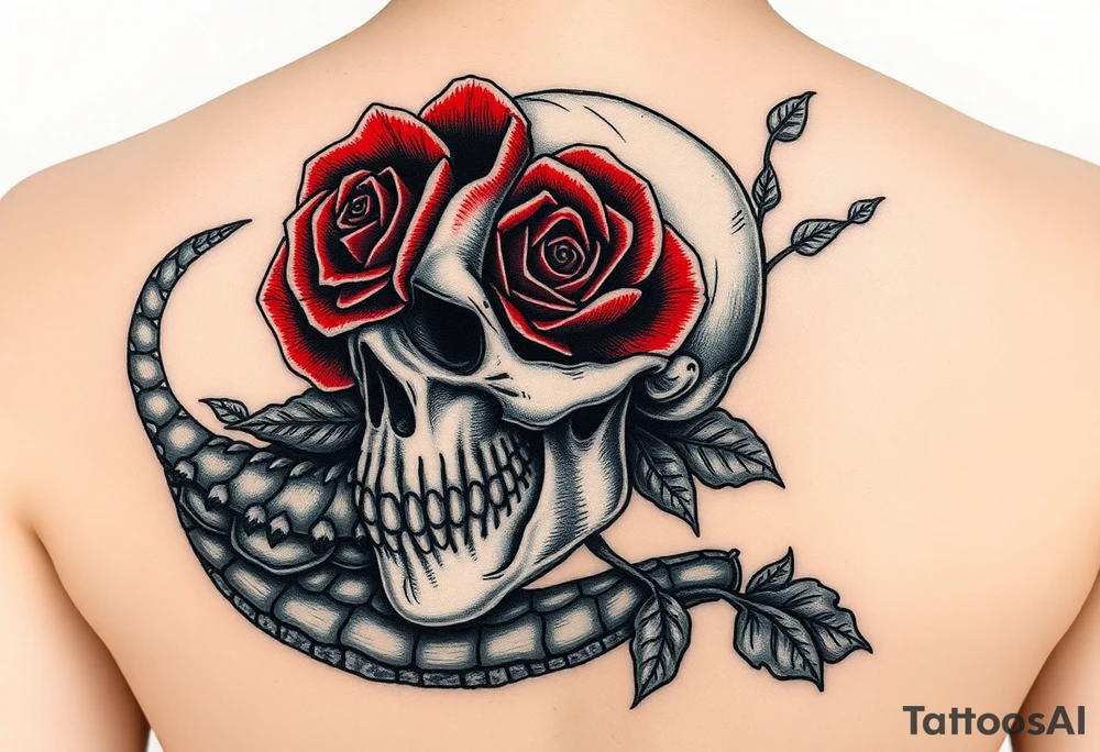 the Tudor rose at the center, all crimson petals edged in black velvet thorns, blooming right out of the skull’s eye socket like it’s growing from his bones. The skull’s grinning, but soft—like he’s in on the joke. And the alligator? He’s coiled around the whole thing, tail curling under the jaw, jaws open just enough to show teeth that look... almost tender. Like he’s protecting it. Or about to eat it.
Maybe a little mist, some ivy creeping up the spine of the rose. Dark greens, deep reds, charcoal shadows. No brights—just that old, heavy velvet feeling. tattoo idea