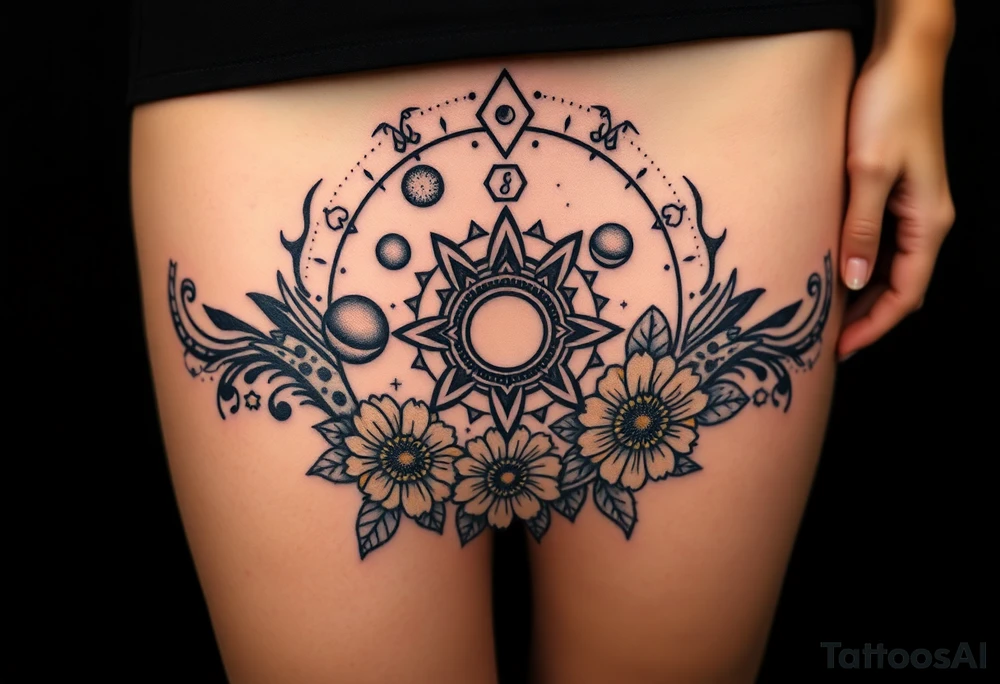 Milky way galaxy with planets with zodiac symbols and protection runes in it with tigerlillies roses and sunflowers tattoo idea