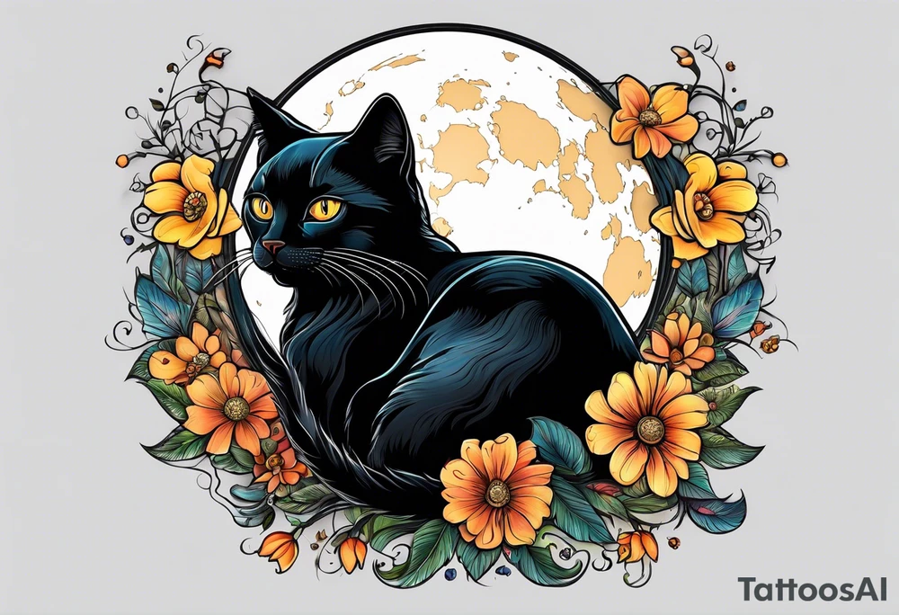 Photo realistic black cat with moon and flowers tattoo idea