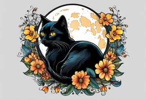 Photo realistic black cat with moon and flowers tattoo idea