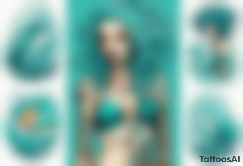 a tall woman made of water with turquoise hair surrounded by ocean waves tattoo idea