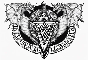 Valhalla sword shield dragon axe Valknut barbed wire 
 steps tattoo idea
