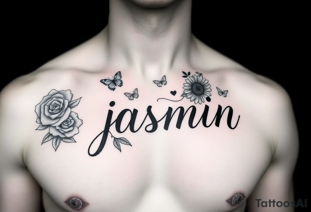 i need the name jasmin on the right side of a males chest, and with the letter “i” having a heart as the dot, and then i want some roses on the letter j and 3 sunflowers on the letter n and for it to be in cursive with some butterflies around it. I want the name on top of the flowers but for the flowers to be under the name, and i want some roses on the left side and sunflowers on the right side tattoo idea