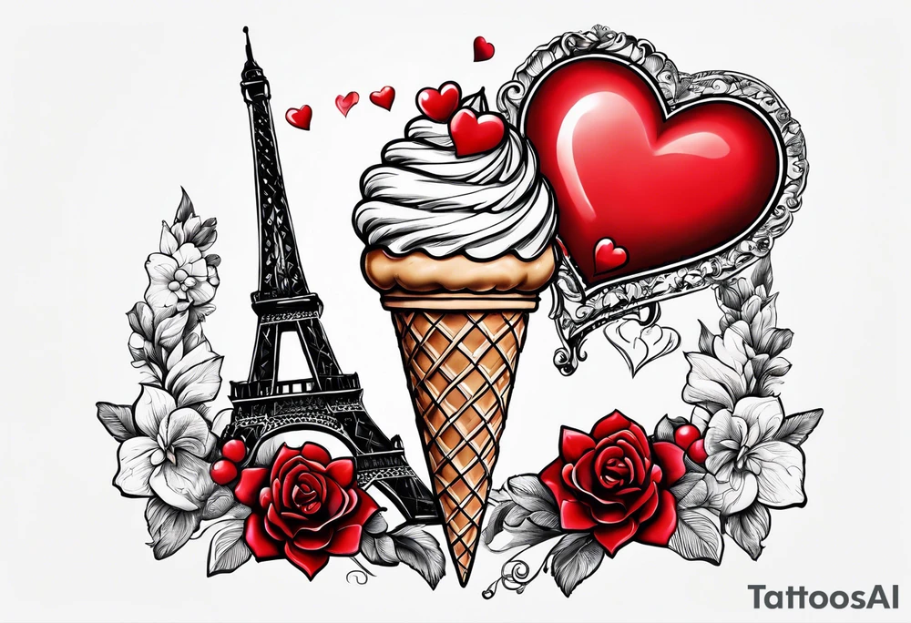 small ice cream cone with small red heart on it somewhere while representing Paris tattoo idea