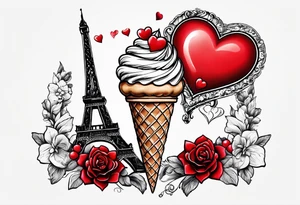 small ice cream cone with small red heart on it somewhere while representing Paris tattoo idea