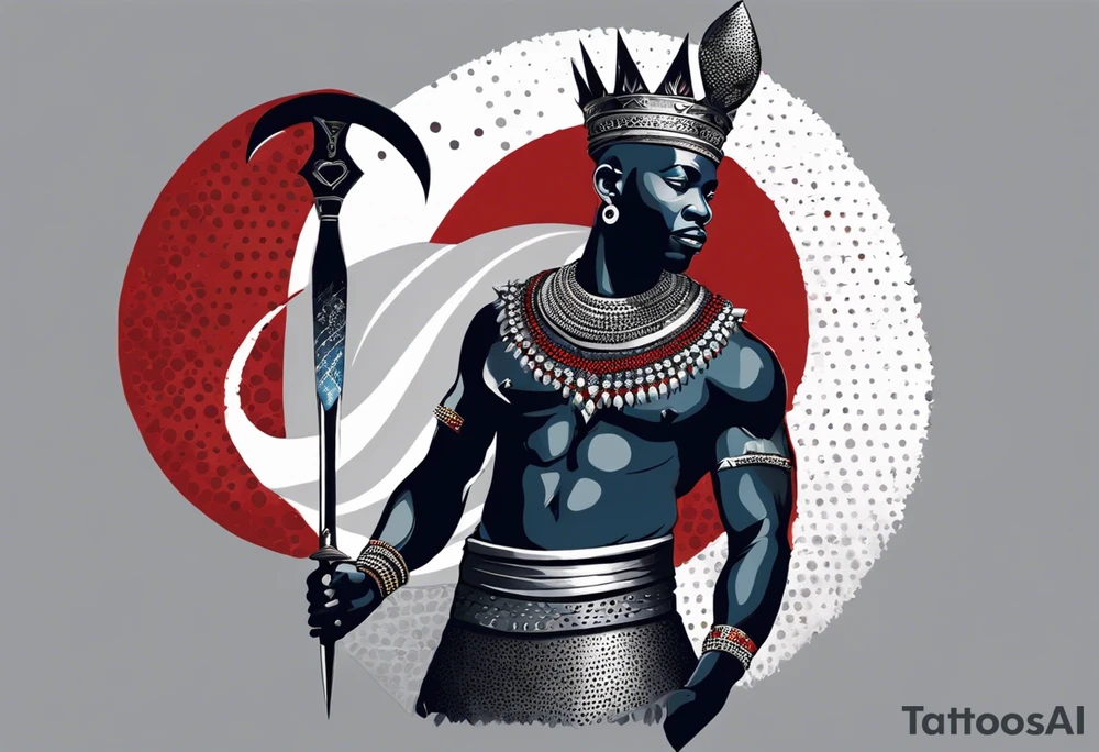 An african god, a bald black-skinned warrior, that uses a sword and a silver crown. He also uses blue and red necklaces tattoo idea