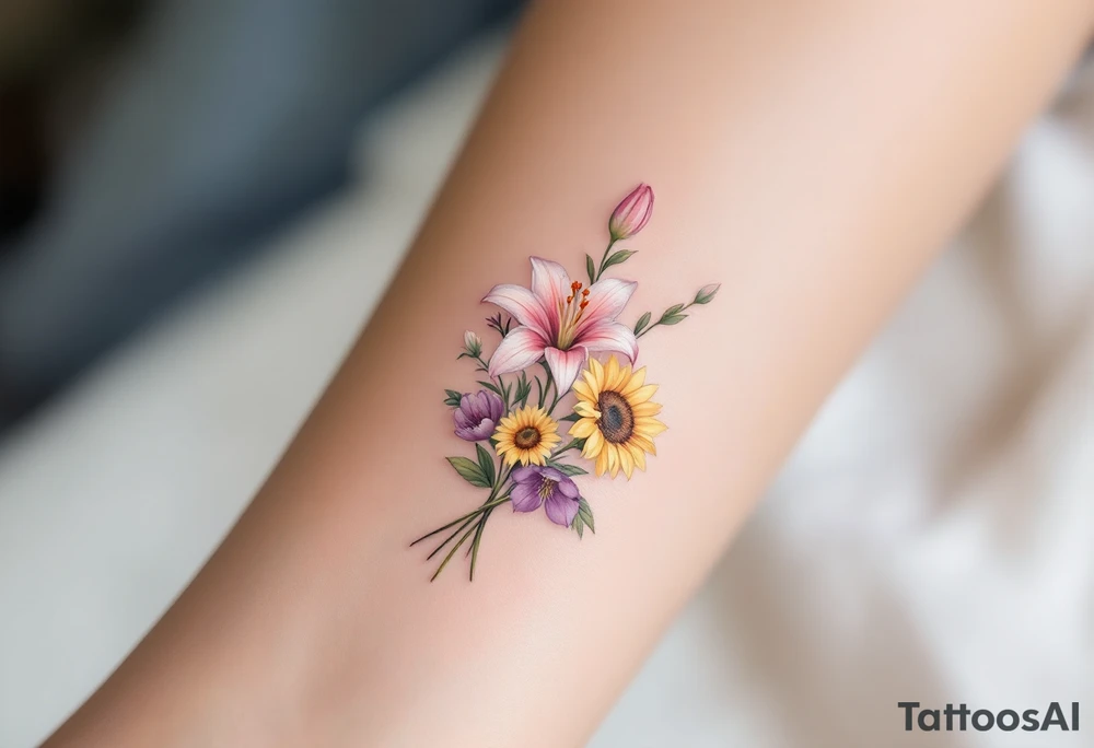 Small Stargazer lillies pale pink with no outline 
with small yellow sunflowers and pale purple tulip buds in a dainty wildflower bouquet with light green stems tattoo idea