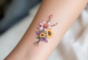 Small Stargazer lillies pale pink with no outline 
with small yellow sunflowers and pale purple tulip buds in a dainty wildflower bouquet with light green stems tattoo idea