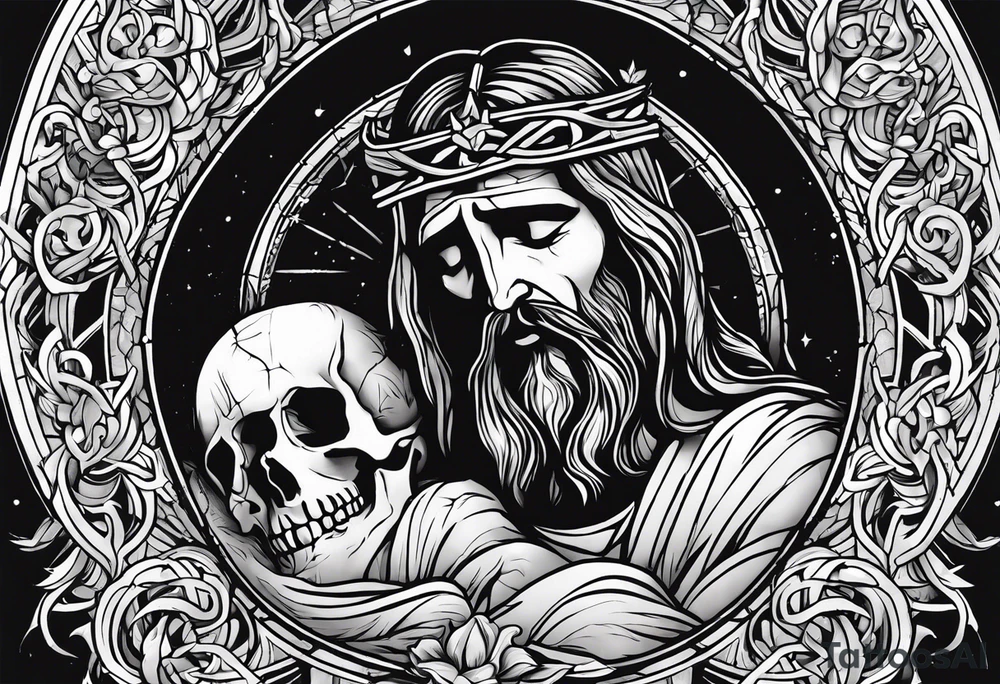 Jesus crying 3 reads one small one medium and one large in the large tear there is the god of death and all around the 3 year drops there is skeletons and dead people tattoo idea