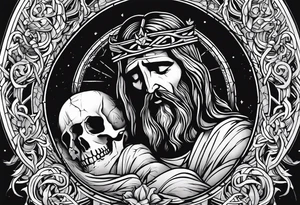 Jesus crying 3 reads one small one medium and one large in the large tear there is the god of death and all around the 3 year drops there is skeletons and dead people tattoo idea