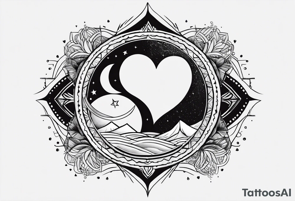 In the middle, there's a heart and behind it, a scar. On the right side of the heart, a sun, while on the left side, a moon. tattoo idea