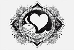 In the middle, there's a heart and behind it, a scar. On the right side of the heart, a sun, while on the left side, a moon. tattoo idea