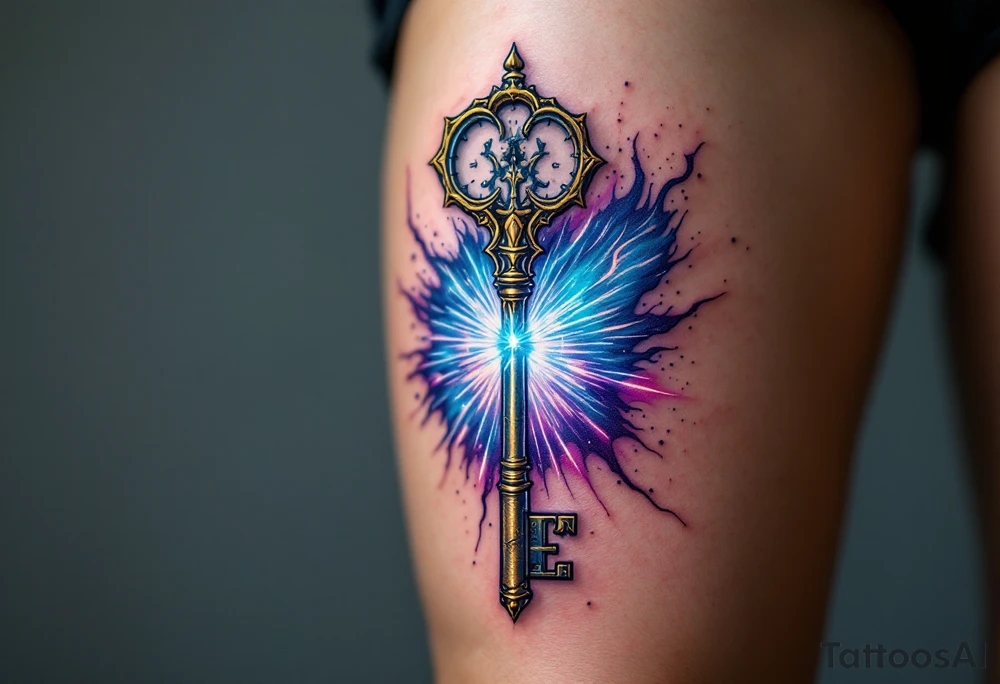 A skeleton key inserted into an antique clock, unlocking a radiant burst of blue and purple energy, symbolizing fate and destiny. tattoo idea