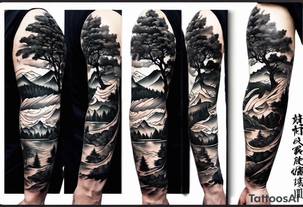 Full arm sleeve, tree going up to shoulder dead tree going down to wrist, wrapped in a serpent moving down with mountain and water elements tattoo idea