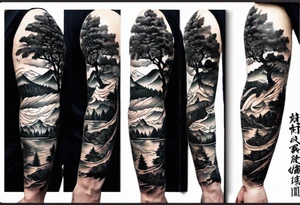Full arm sleeve, tree going up to shoulder dead tree going down to wrist, wrapped in a serpent moving down with mountain and water elements tattoo idea