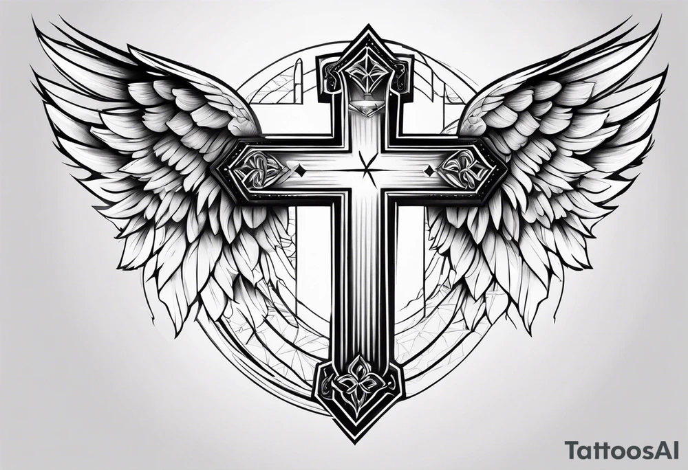 angel wings tattoo with a cross and the letters DJ in it tattoo idea