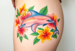 A dolphin surrounded by tropical hibiscus flowers and palm leaves, in sunset hues of orange, yellow, and coral pink tattoo idea