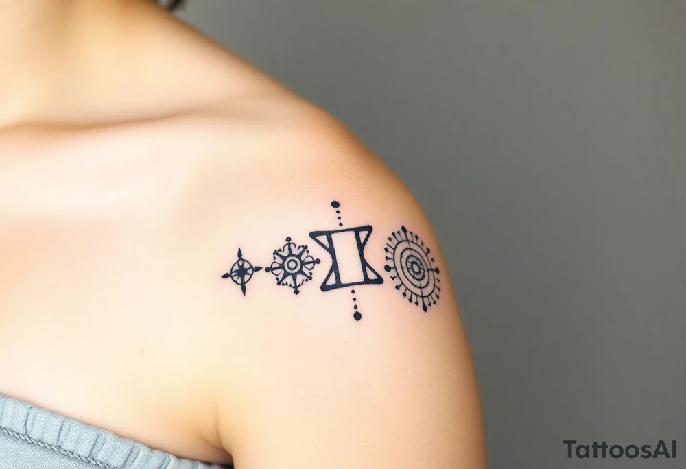 A geometric tattoo with 5 Symbolic elements for each family member. Two base elements for my husband, intertwined floral patterns like mirrored vines or spiral paisleys representing our identical twins, and another element for my oldest son.  Details like the Gemini zodiac symbol,  feminine-yet-bold linework, Detailed dotwork, linework, and geometric accents around each symbol, Interconnected elements to reflect family unity tattoo idea