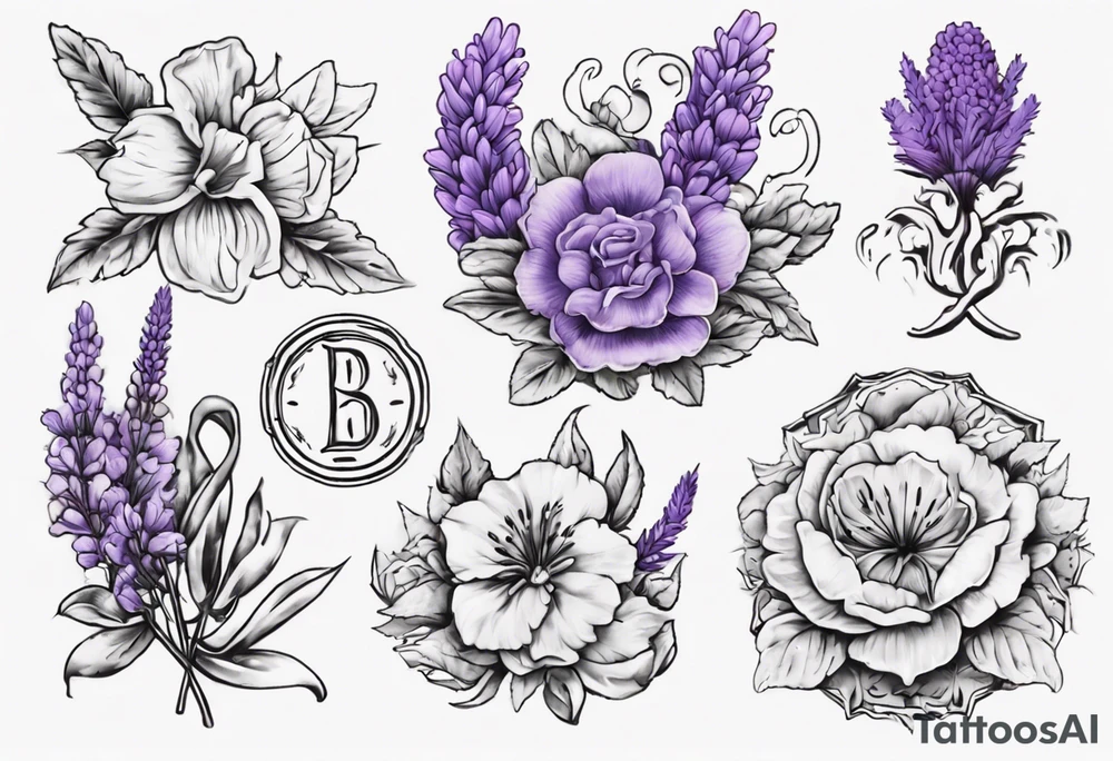 Faça um desenho da medalha de são bento (esta deve ser fiel e bem precisa) ao redor da medalha coloque flores de lavanda para armonizar a imagem. tattoo idea