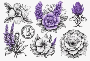 Faça um desenho da medalha de são bento (esta deve ser fiel e bem precisa) ao redor da medalha coloque flores de lavanda para armonizar a imagem. tattoo idea