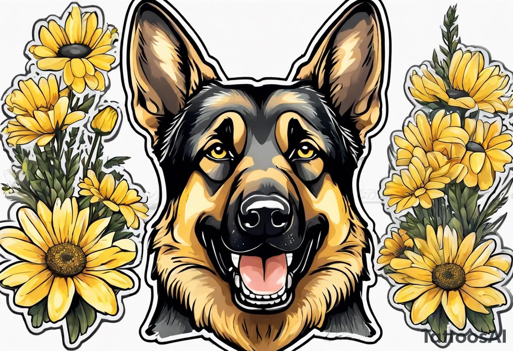 German shepherd portrait surrounded by yellow daisies tattoo idea