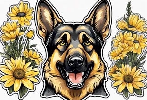 German shepherd portrait surrounded by yellow daisies tattoo idea