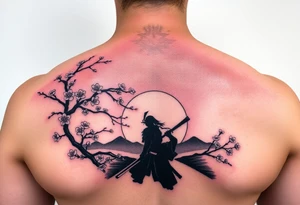 noble samurai warrior silhouette at sunset with cherry blossoms tattoo idea