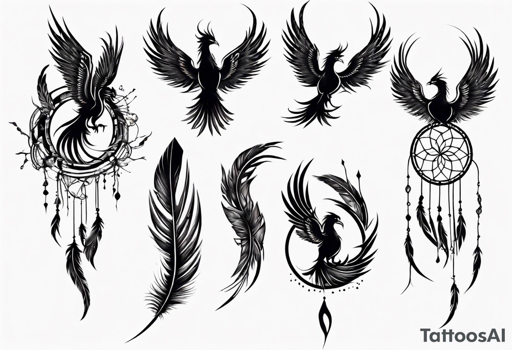 Vertical open mouthed flying Phoenix in circle with long abstract dream catcher feather tail tattoo idea