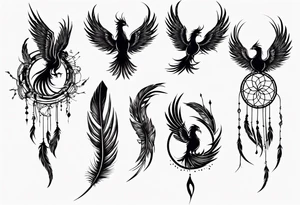 Vertical open mouthed flying Phoenix in circle with long abstract dream catcher feather tail tattoo idea