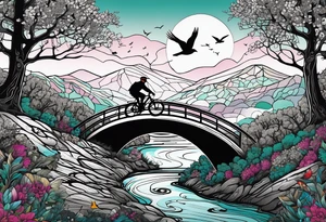 Gravel bike, going down mountain in-between trees, over a bridge with a river and some birds in the background tattoo idea