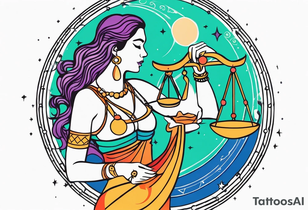 Libra woman holding scales with a night zodiac background including a half moon that encircles half of the woman with vibrant colors tattoo idea