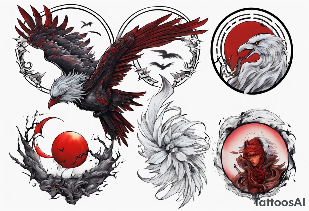 neo traditional, griffith from berserk, manga, white feather bird, red eclipse, forearm tattoo tattoo idea